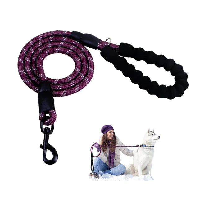 Purple and black dog leash with a woman and dog on a white background